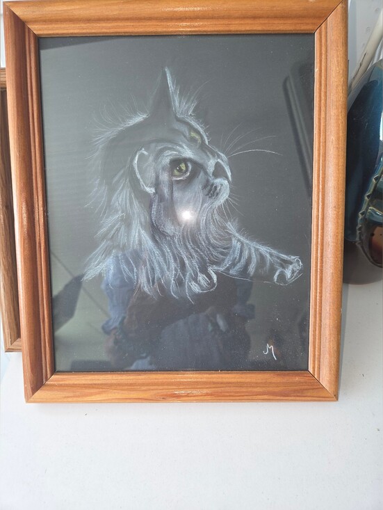 Hand Crafted Other - Framed Original not a print Pastel Cat Portrait on Black Paper 8x10